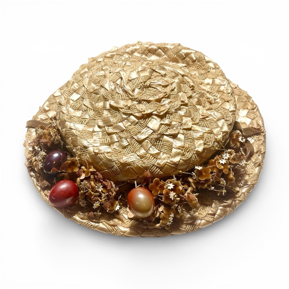 Vintage Straw Boater Hat Floral Berries Woven Raffia Velvet Pillbox The Emporium